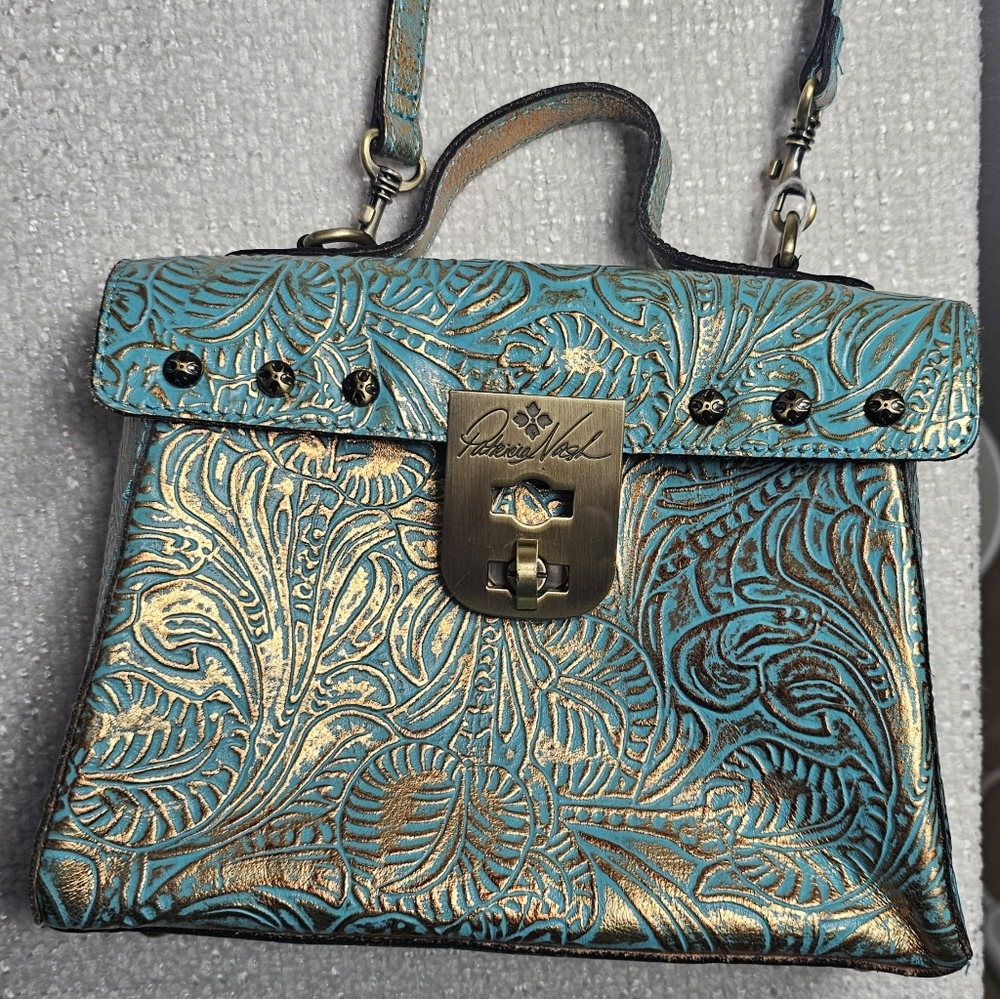 Patricia Nash Turquoise & Gold Tooled Leather Satchel Crossbody Bag